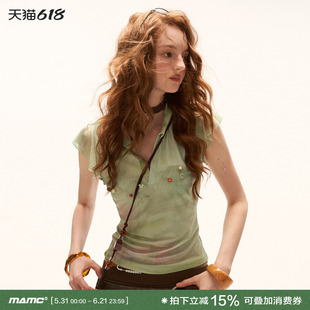 MAMC法式复古油画串珠飞袖polo领短袖T恤女夏新款修身收腰上衣