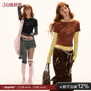 MAMC假两件波点连帽长袖t恤女2025秋季新款独特高级修身黑色上衣