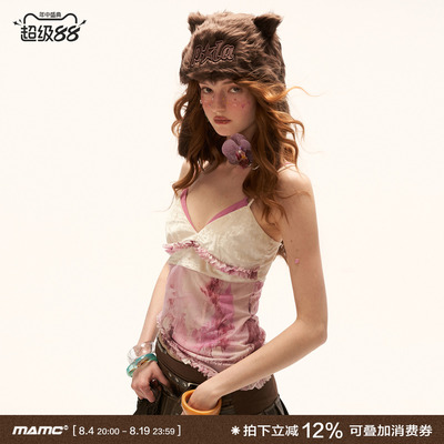 MAMC丝绒拼接木耳边油画吊带背心女夏新款V领性感修身内搭上衣