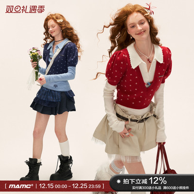 复古钩花v领泡泡袖毛衣