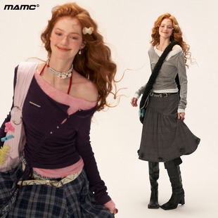 修身 新款 显瘦内搭上衣 t恤女2025秋季 MAMC斜肩蕾丝抽褶打底长袖