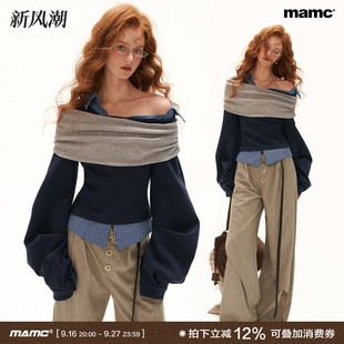 MAMC岚棉假两件拼接格纹露肩翻领长袖卫衣女秋季新款宽松休闲上衣