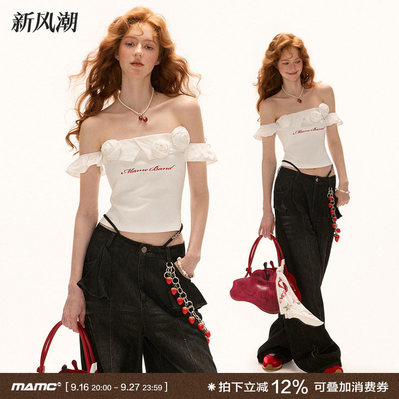 MAMC玫瑰花一字肩吊带背心图片