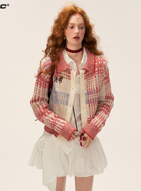 MAMC小马格子红色毛衣外套2025秋冬新款温柔甜美长袖翻领针织开衫