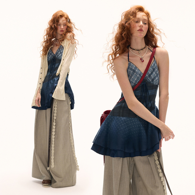 MAMC蓝色格纹拼接吊带连衣裙