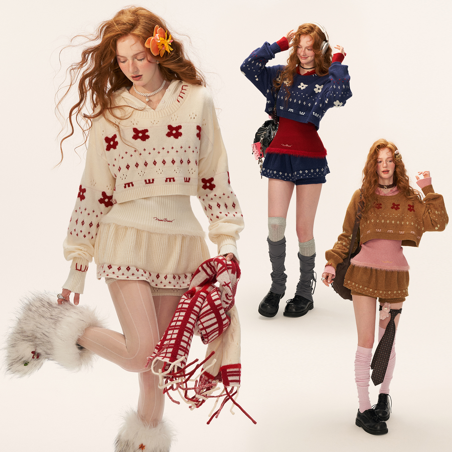 MAMC星星花朵提花圆领短款毛衣