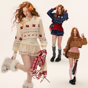 MAMC星星花朵提花圆领短款毛衣针织衫2025秋冬新款宽松慵懒风上衣