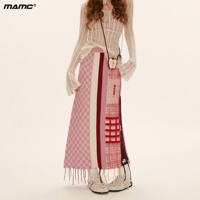 拼接流苏花朵格纹裙半身裙