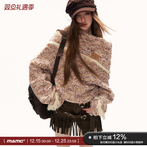 混线粒粒绒高领斜肩宽松毛衣