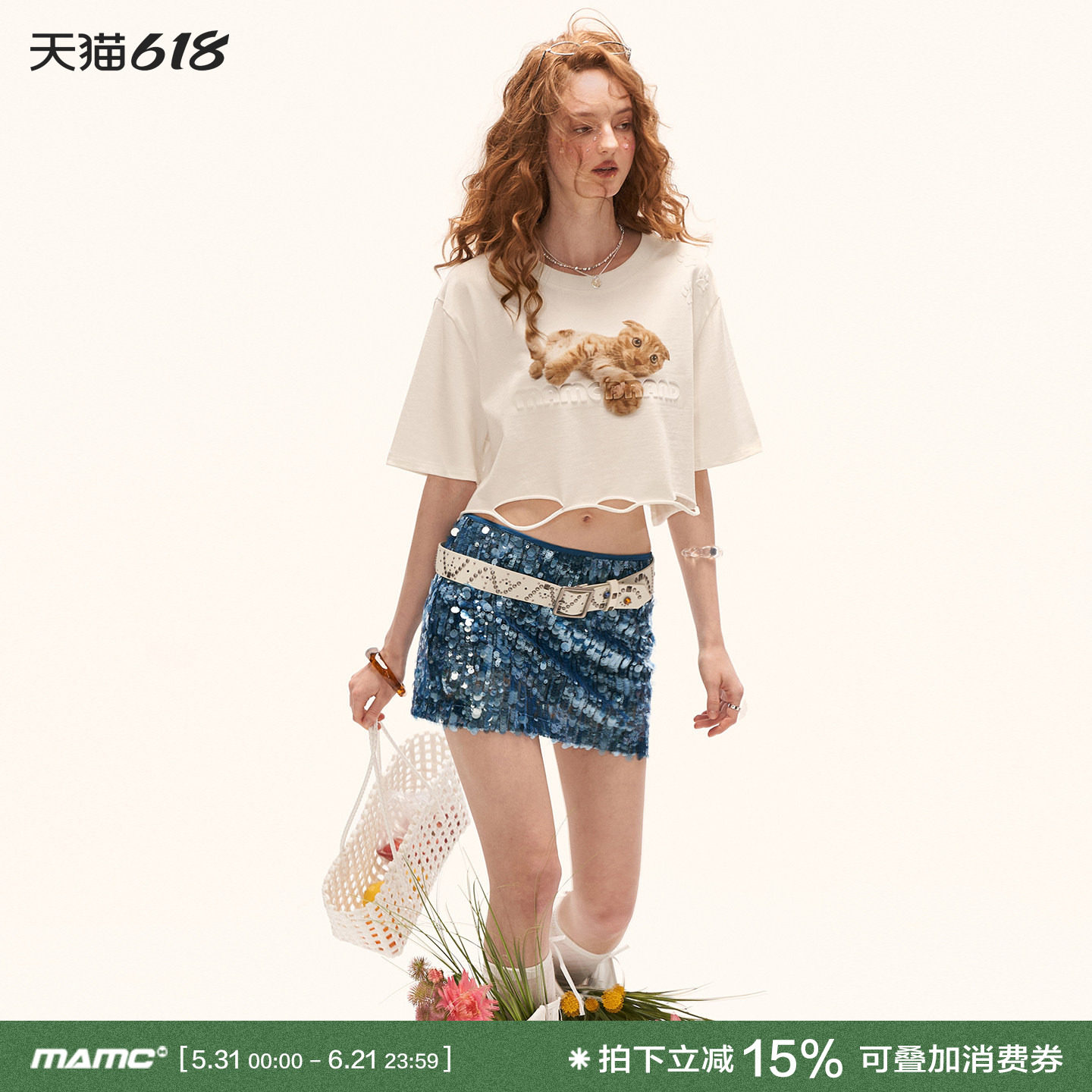 MAMC趣味猫猫印花破洞短袖T恤女2026夏新款宽松显瘦短款露脐上衣