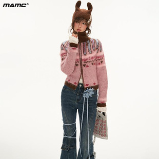 秋冬新款 MAMC猫耳费尔岛连帽毛衣针织衫 洋气高级粉色拉链外套上衣