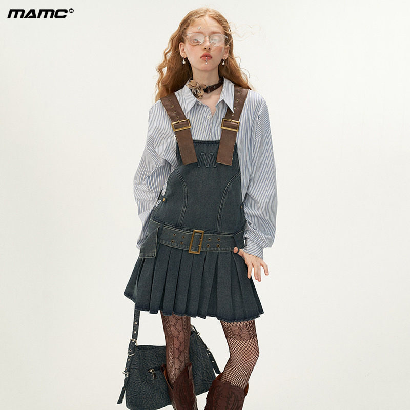MAMC复古牛仔短款吊带连衣裙2023秋季新款女外搭休闲个性背带裙