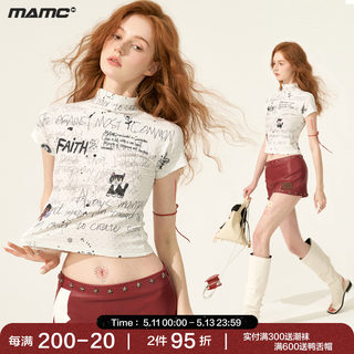 MAMC半高领涂鸦短袖t恤女2024新款夏季短款白色修身休闲打底衫