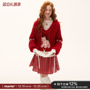 MAMC爱心小马娃娃领毛衣2025秋冬新款 女 红色甜美宽松慵懒针织衫