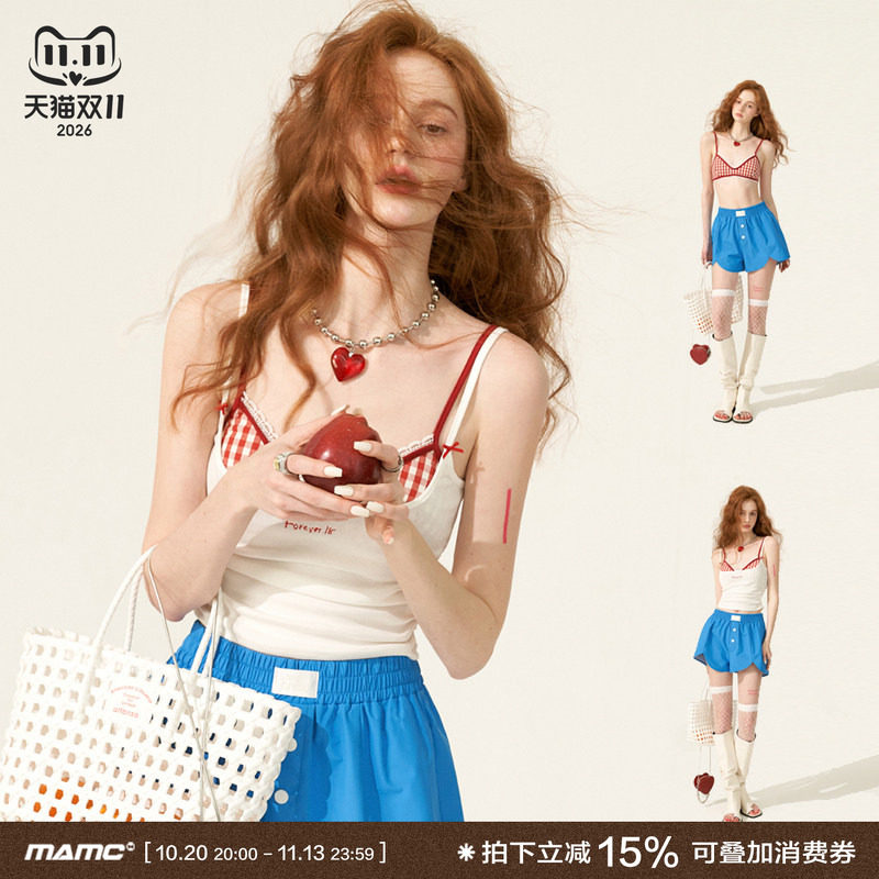 MAMC蕾丝格子胸衣吊带背心女内搭2026夏季新款白色修身带胸垫上衣