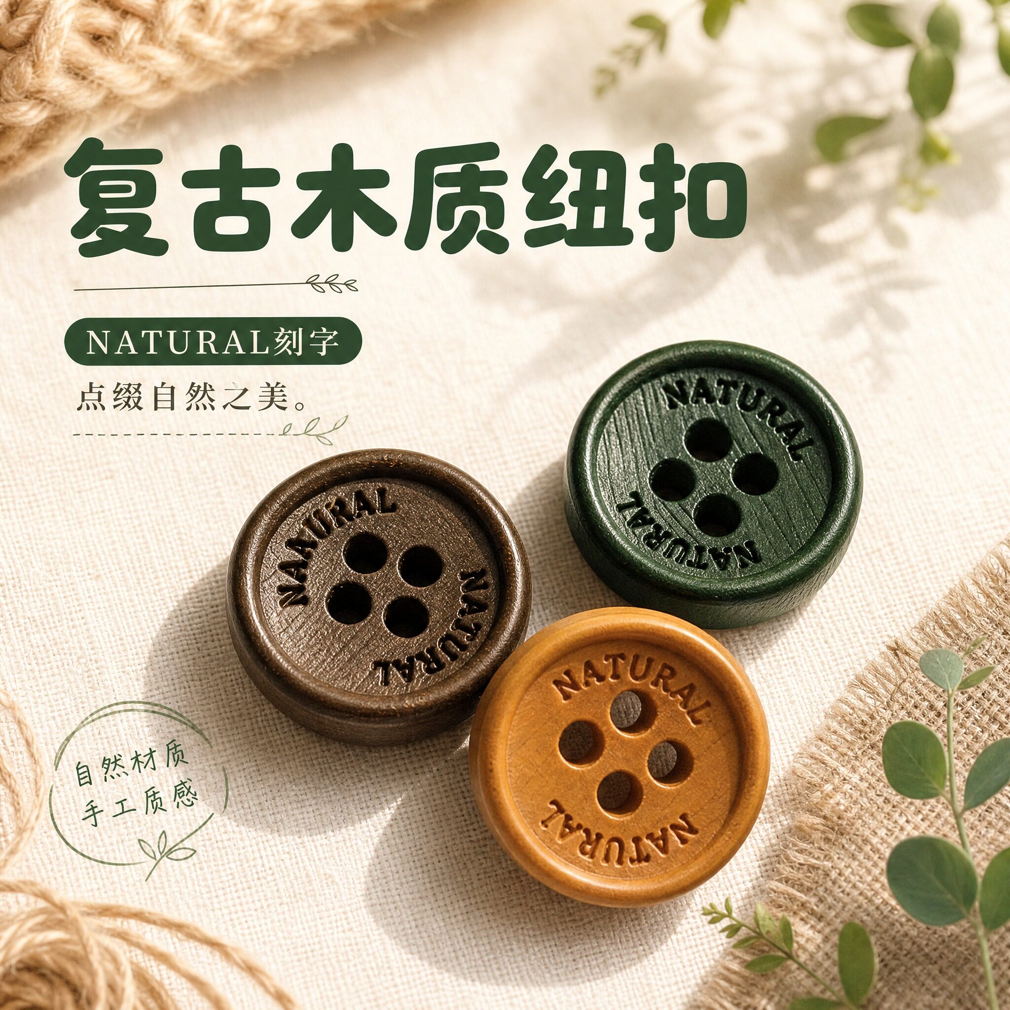 天然刻字木头纽扣木扣子两眼钮扣衬衫衬衣开衫钮扣男女装手工辅料