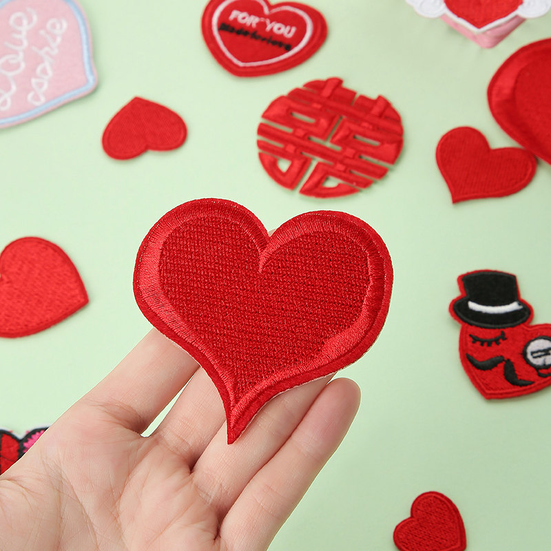 爱心布贴衣服婚庆帽子小补丁贴修补破洞刺绣红色心形图案装饰贴布