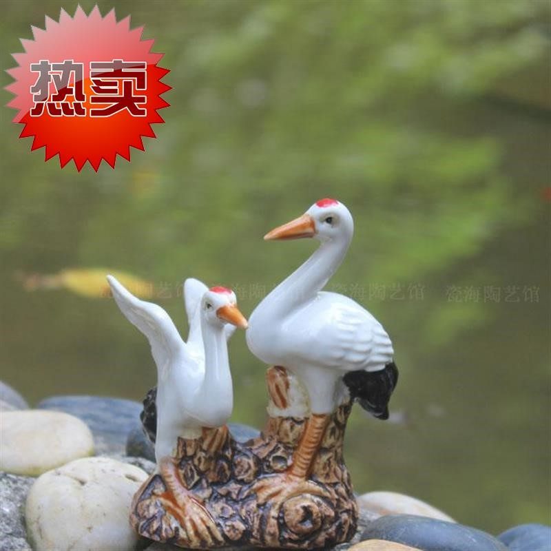 丹顶鹤陶瓷摆件双鹤88假山摆设小鹤盘景微型白鹤摆件水族馆摆件配