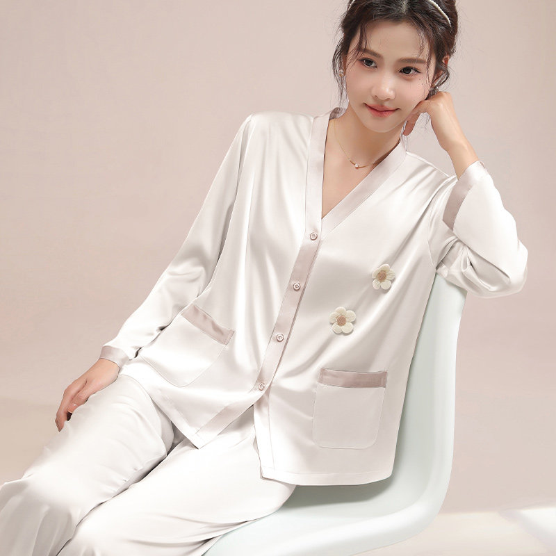 取纯睡衣女春秋季冰丝薄款长袖丝绸仿真丝高级感家轻奢居服两件套