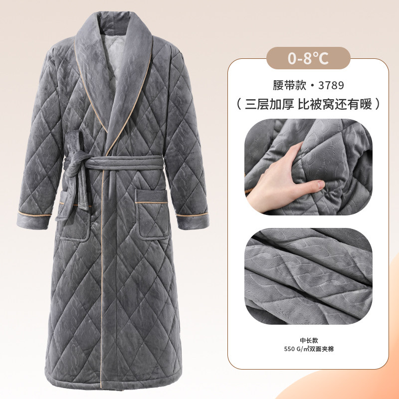 thumbnail for Nightgown men's winter three-layer cotton coral velvet velvet padded bathrobe winter plus size warm mid-length loungewear