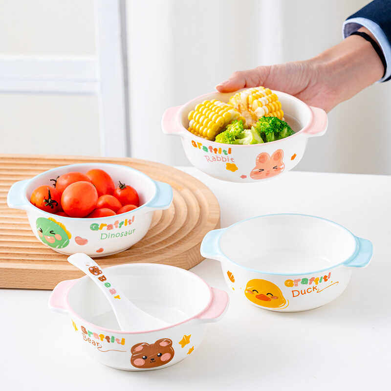儿童陶瓷碗双耳卡通蒸蛋碗ins辅食碗甜品碗幼童家用米饭碗耐高温