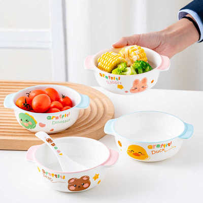 儿童双耳碗陶瓷卡通辅食碗蒸蛋碗
