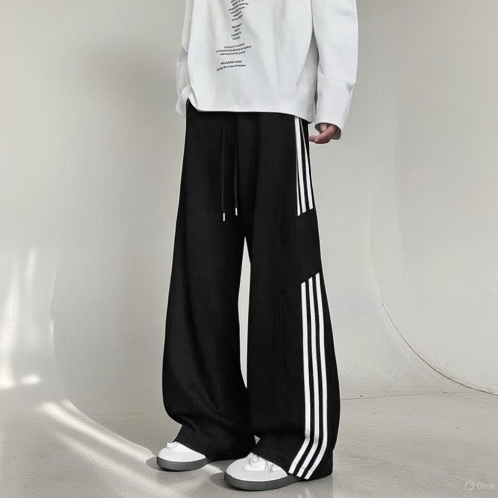 WAALEVANA 美式cleanfit条纹阔腿运动卫裤男女宽松慵懒风拖地长裤