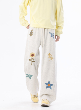 WAALEVANA美式复古绣花弯刀卫裤宽松直筒阔腿裤慵懒风休闲运动裤