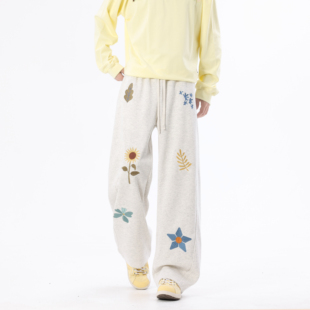 WAALEVANA美式复古绣花弯刀卫裤宽松直筒阔腿裤慵懒风休闲运动裤