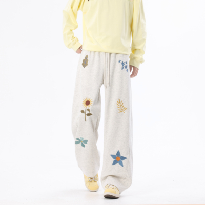 WAALEVANA美式复古绣花弯刀卫裤宽松直筒阔腿裤慵懒风休闲运动裤