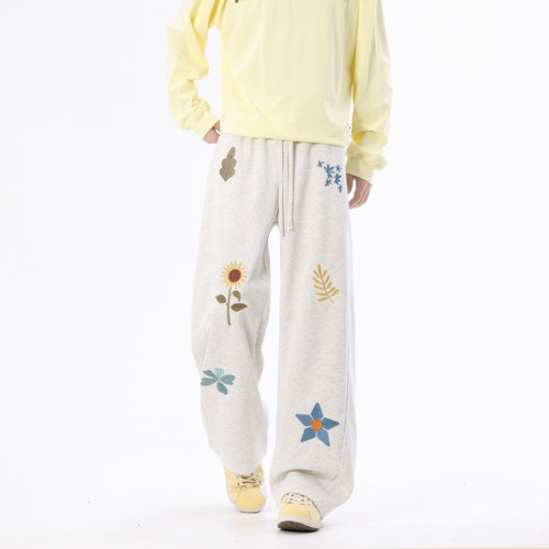 WAALEVANA美式复古绣花弯刀卫裤宽松直筒阔腿裤慵懒风休闲运动裤