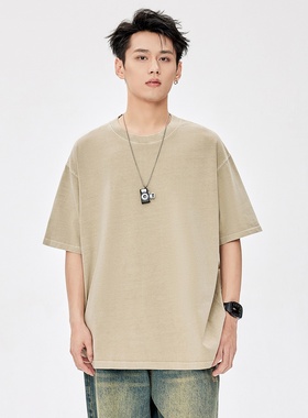 WAALEVANA280g重磅水洗做旧纯棉短袖t恤男夏季美式复古宽松半袖潮