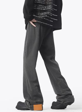 WAALEVANA 美式复古反穿倒装微喇牛仔裤男女高街设计感直筒休闲裤