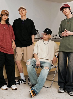 WAALEVANA重磅麂皮绒刺绣复古高街短袖T恤夏潮牌情侣百搭休闲上衣