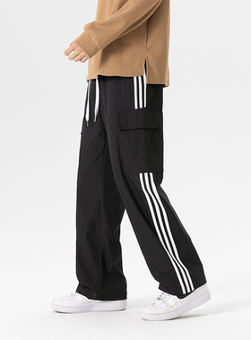 WAALEVANA 美式复古侧边条纹工装卫裤男女直筒三条杠休闲裤子高街