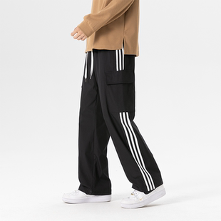 WAALEVANA 美式复古侧边条纹工装卫裤男女直筒三条杠休闲裤子高街
