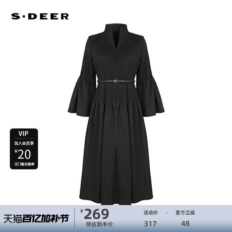 sdeer圣迪奥女装V领风琴褶收腰喇叭袖连衣裙S233Z12X6
