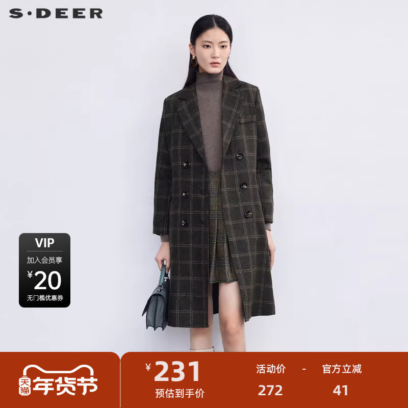 sdeer圣迪奥女装西装领双排扣格纹毛呢大衣S224Z2512