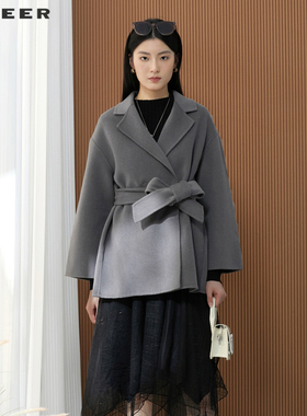 sdeer圣迪奥女装西装领收腰短款毛呢大衣S224Z2607