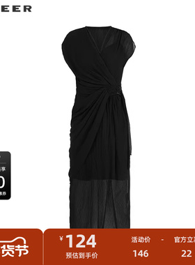 sdeer圣迪奥女装优雅V领收腰垂坠两件套连衣裙S223Z12K8