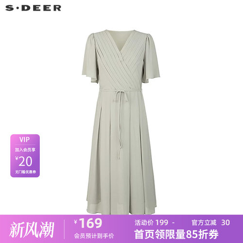 V领连衣裙 压褶收腰 雪纺质地