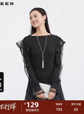 sdeer圣迪奥女装罗纹圆领蕾丝网纱长袖针织衫S223Z3527