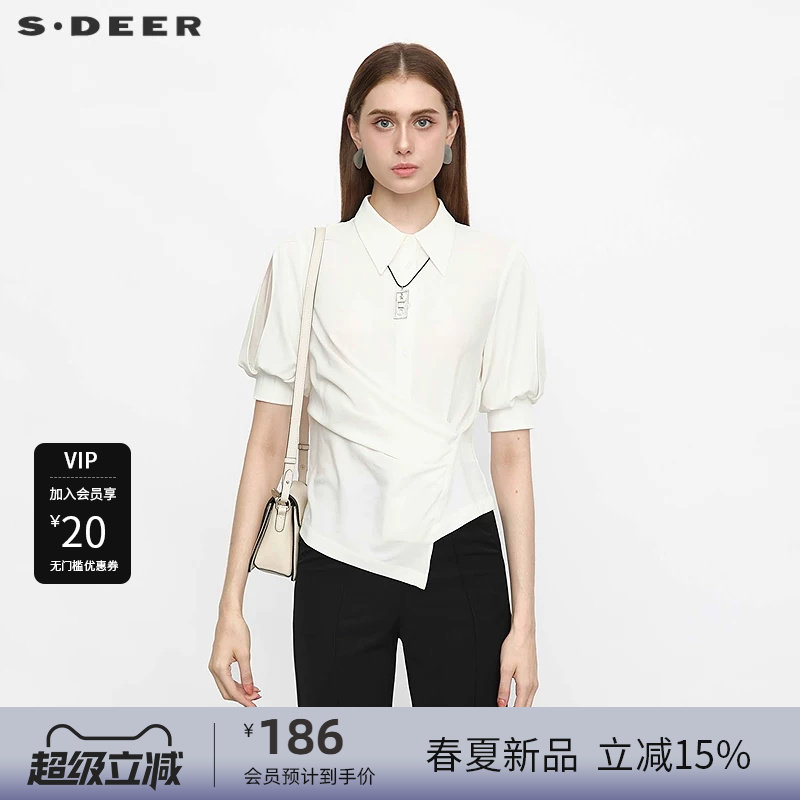 sdeer圣迪奥女装OL风翻领不规则泡泡袖雪纺短袖衬衫S24280407