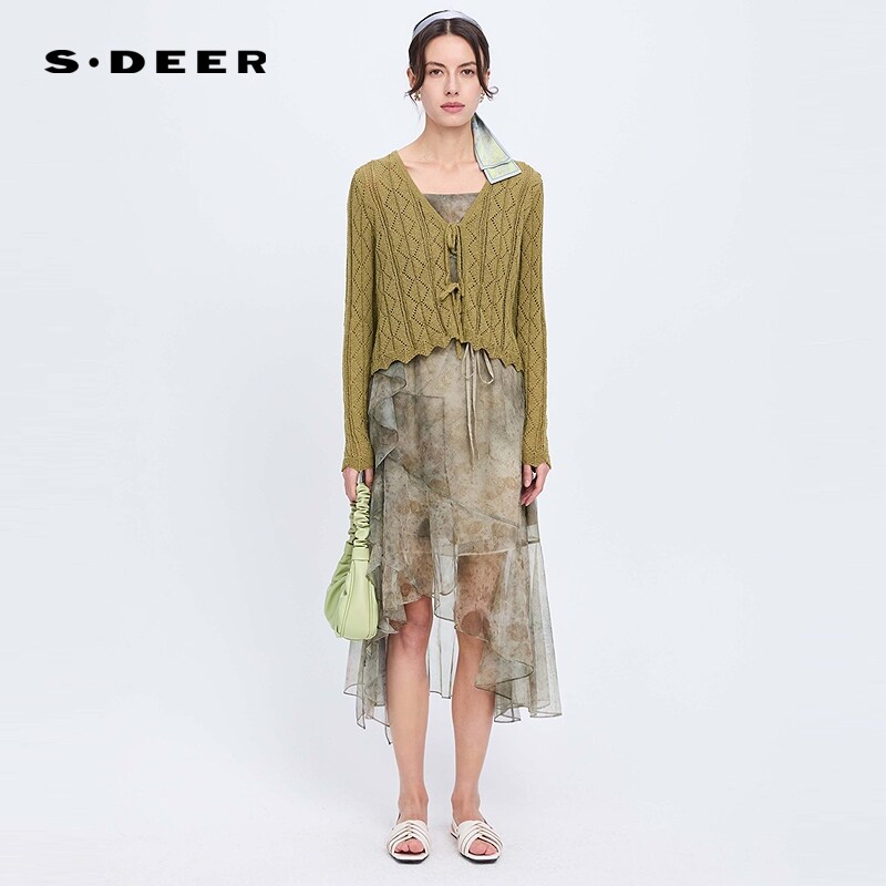 【波嬉系】sdeer圣迪奥秋碎花网纱针织衫吊带裙套装S241Z1