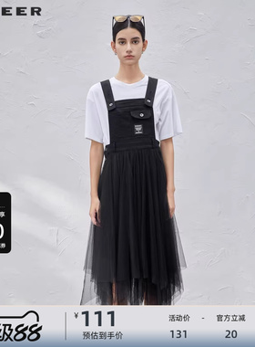 S·DEER圣迪奥女装秋学院风字母网纱背带连衣裙S211T1207