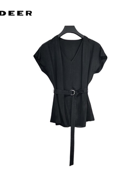 sdeer圣迪奥女装OL风V领收腰垂坠雪纺短袖衬衫S242Z0442