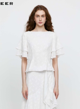 sdeer圣迪奥女装圆领印花荷叶边拼接宽松衬衫S242Z0435