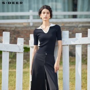 S24263501 sdeer圣迪奥女装 法式 复古POLO领撞色修身 针织衫