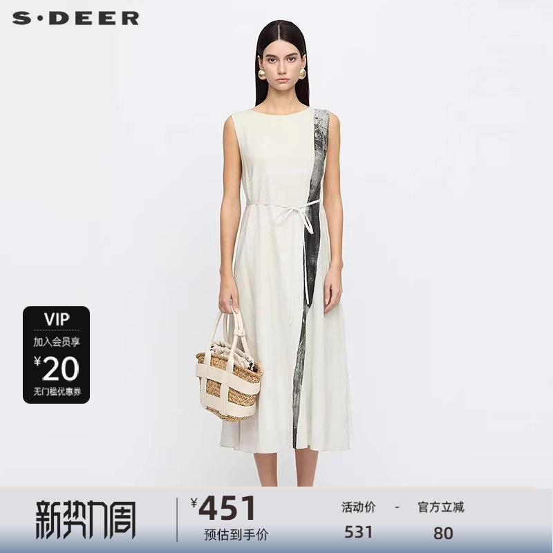 sdeer圣迪奥女装25年新品圆领水墨晕染收腰无袖连衣裙S252