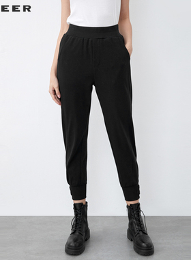 S·DEER圣迪奥女装休闲松紧拼接拉链收口运动黑色长裤S21480801